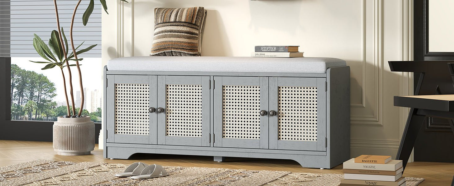 TREXM Rustic Storage Bench Multifunctional Wood Entryway Shoe Bench with Removable Cushion, Woven Rattan Doors & Adjustable Shelves for Hallway, Living Room (Gray Wash+Beige ) - 1st Choice Furniture Direct