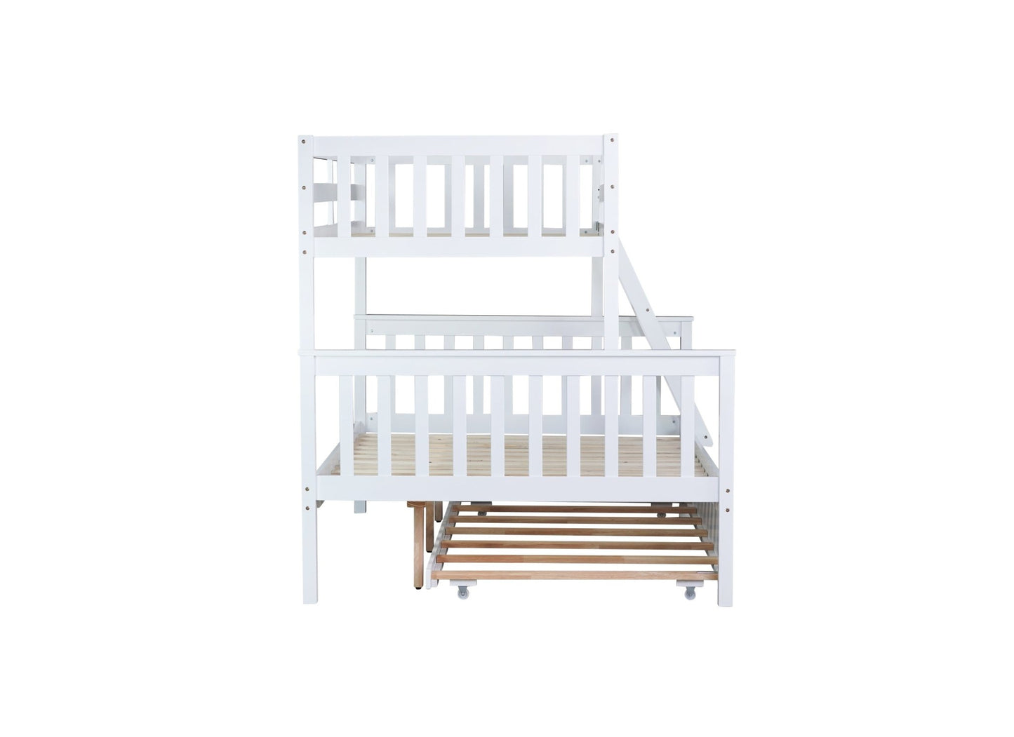 Twin Over Full Rubber Wood Bunk Bed with Trundle, Convertible Ladder and Guardrail, Detachable, Convertible Bed, with Twin Size Trundle ,White - 1st Choice Furniture Direct