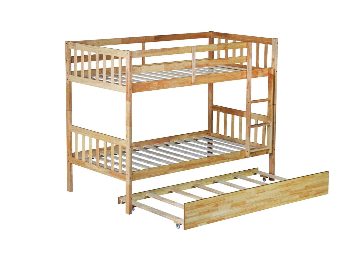 Twin Over Twin Rubber Wood Bunk Bed with Trundle, Convertible into 2 Twin Size Beds, Twin Size Bunk Bed with Ladder and Safety Guardrails,White Oak - 1st Choice Furniture Direct