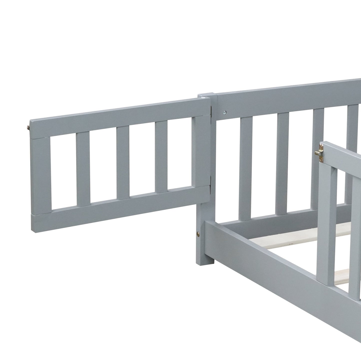 Twin Size Floor Bed with Fence and Door,Rubber Wood Floor Bed with Safety Guardrails,Grey - 1st Choice Furniture Direct
