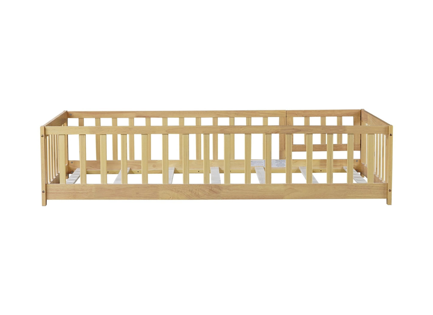 Twin Size Floor Bed with Fence and Door,Rubber Wood Floor Bed with Safety Guardrails,Natural - 1st Choice Furniture Direct