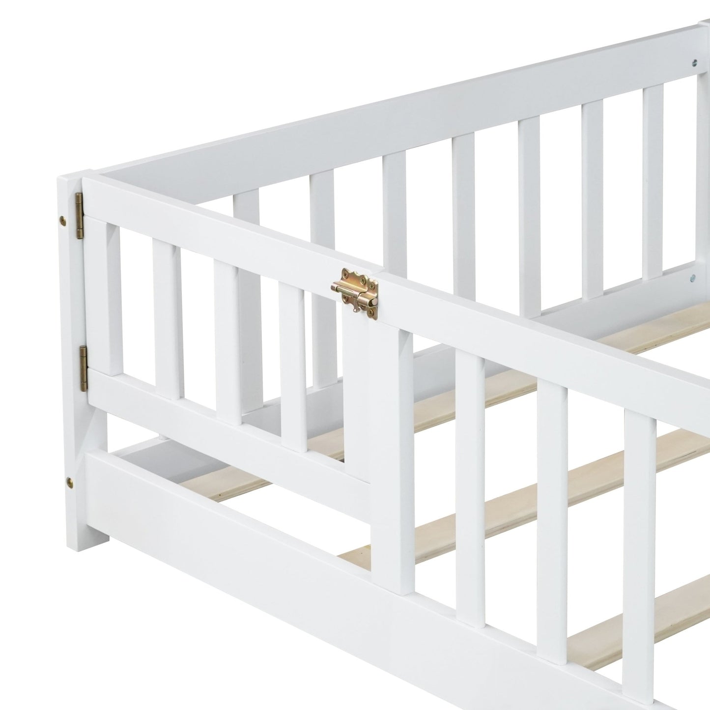 Twin Size Floor Bed with Fence and Door,Rubber Wood Floor Bed with Safety Guardrails,White - 1st Choice Furniture Direct