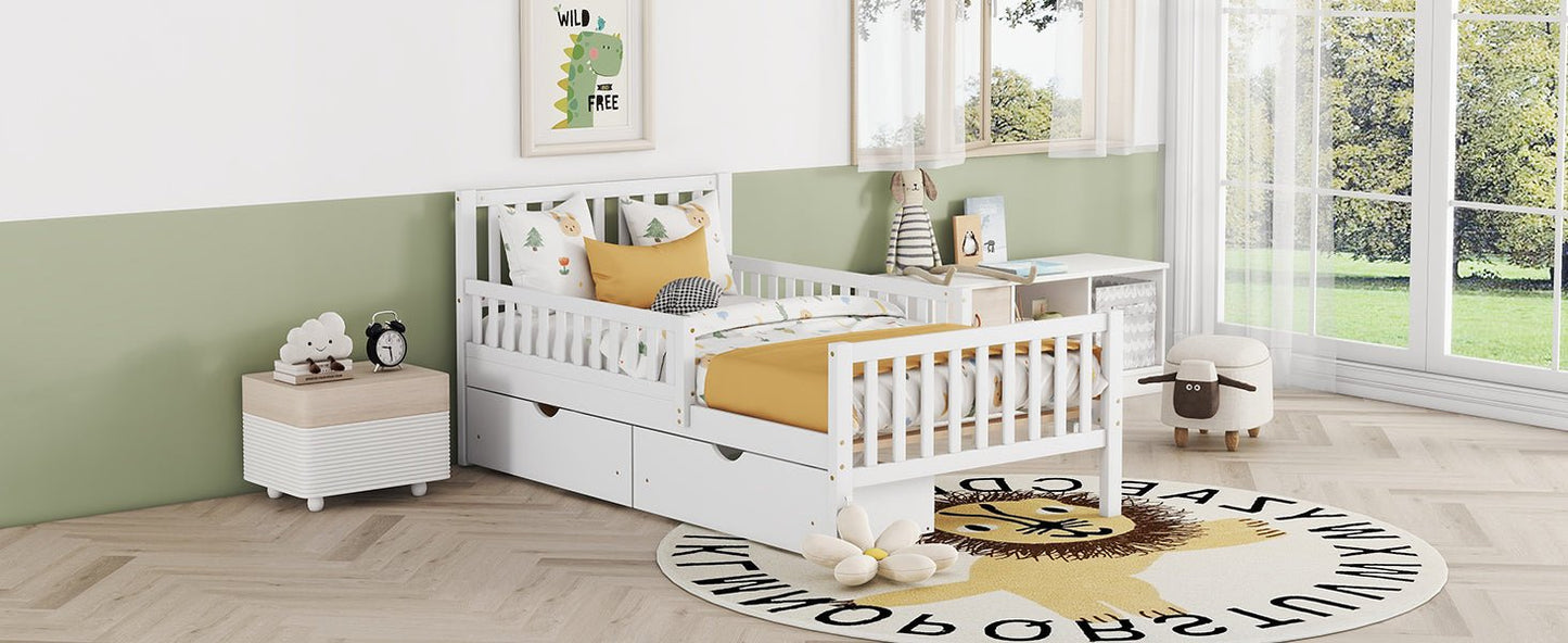 Twin Size Wood Platform Bed with Guardrails on Both Sides and Two Storage Drawers ,White - 1st Choice Furniture Direct