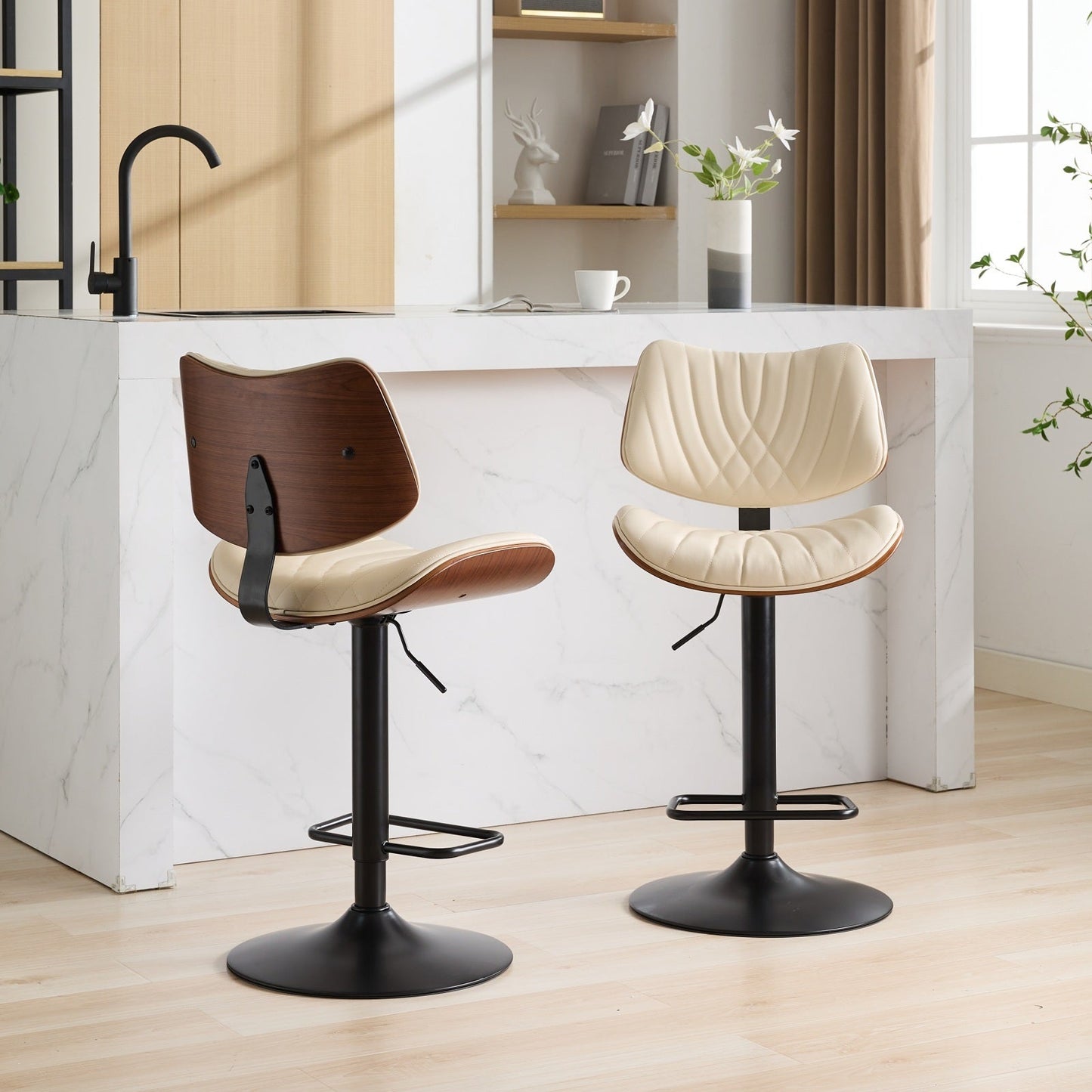 Walnut Bentwood Bar Stools Mid Century Modern Adjustable Counter Height Black Leather Upholstered 360°Swivel Bar Chairs for Kitchen Island/Dining Room/Cafe,Beige,Set of 2 - 1st Choice Furniture Direct