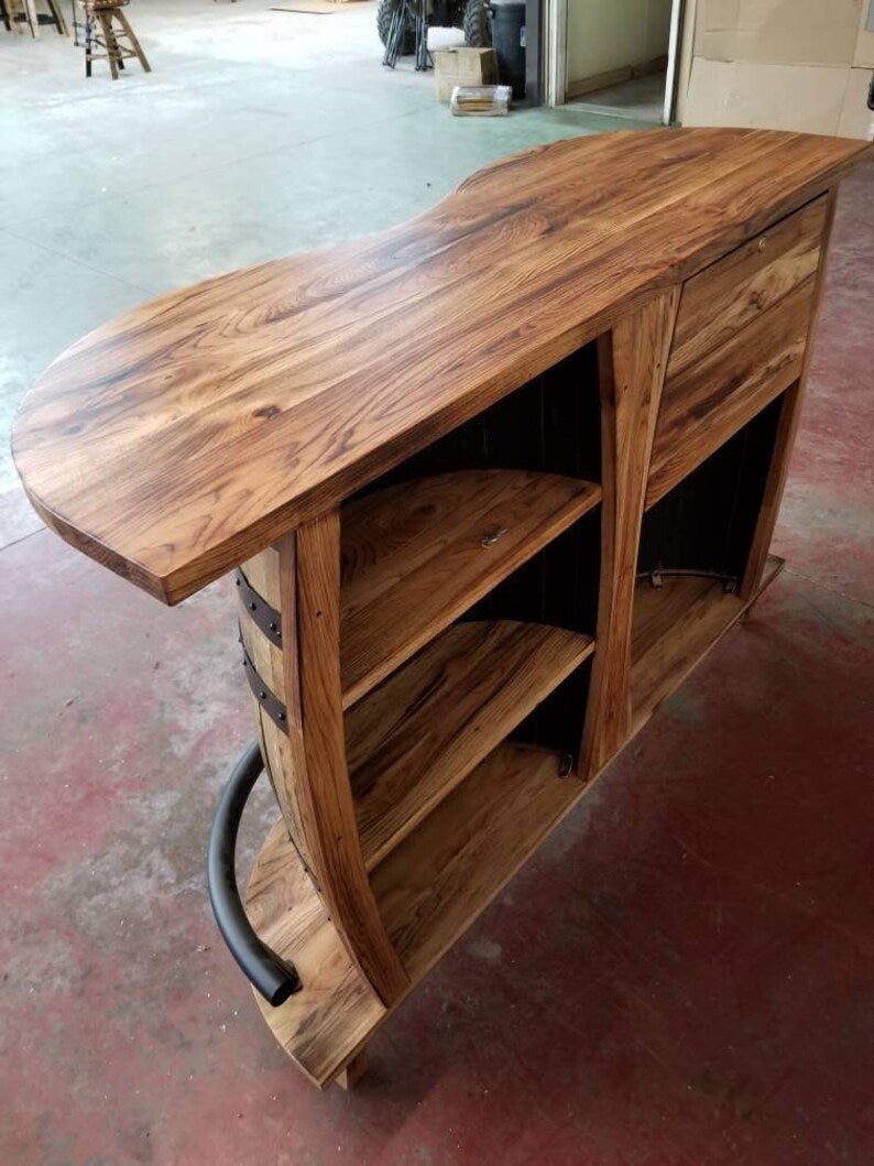 Whiskey Barrel Bar: Burnt Hickory Top, Authentic Kentucky Bourbon Barrels - 1st Choice Furniture Direct