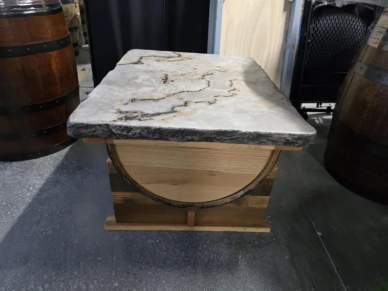 Whiskey Barrel Coffee Table with Concrete Top | Reclaimed Barn Wood Base Rustic Table - 1st Choice Furniture Direct
