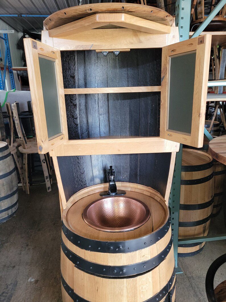 Whiskey Barrel Hutch Vanity with Copper Sink & Storage | Authentic Bourbon Barrel Cabinet - 1st Choice Furniture Direct