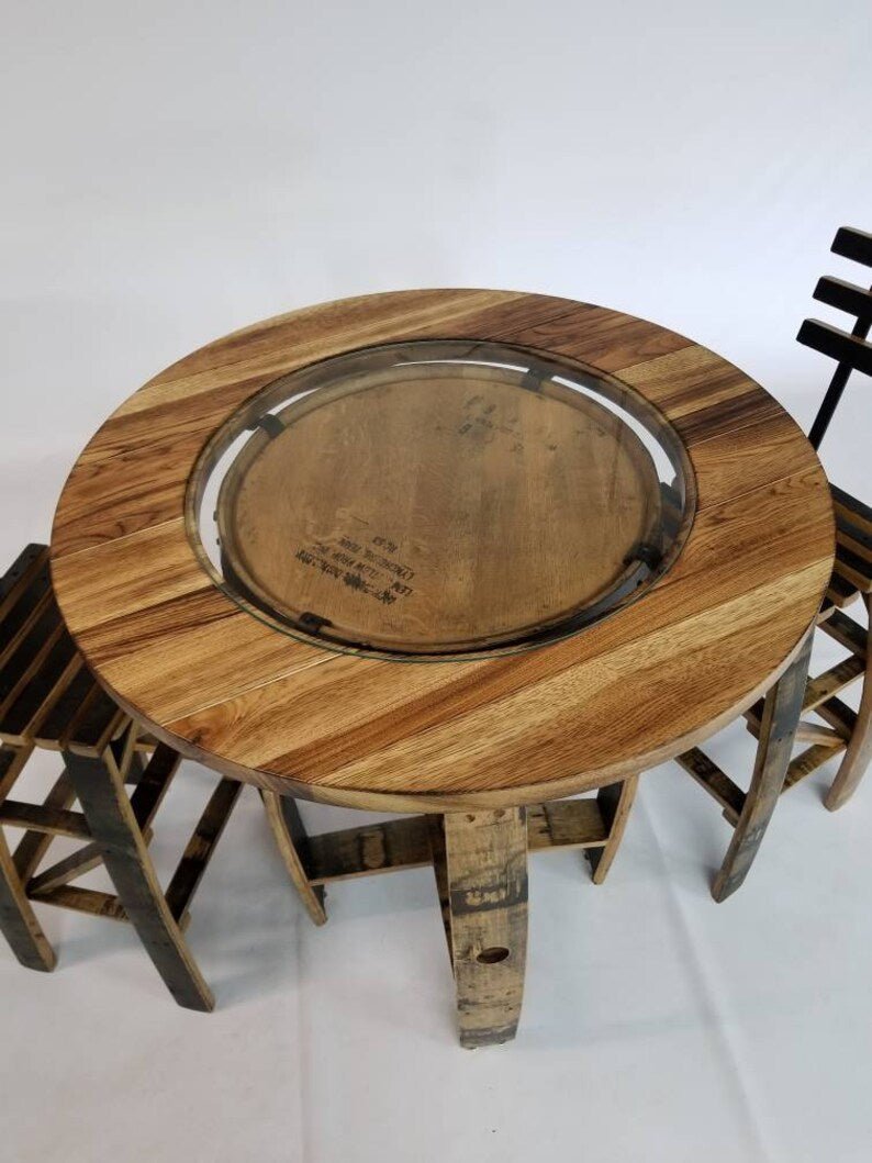 Whiskey Barrel Pub Table Set with Barrel Stave Chairs | Rustic Hickory Bar Set - 1st Choice Furniture Direct