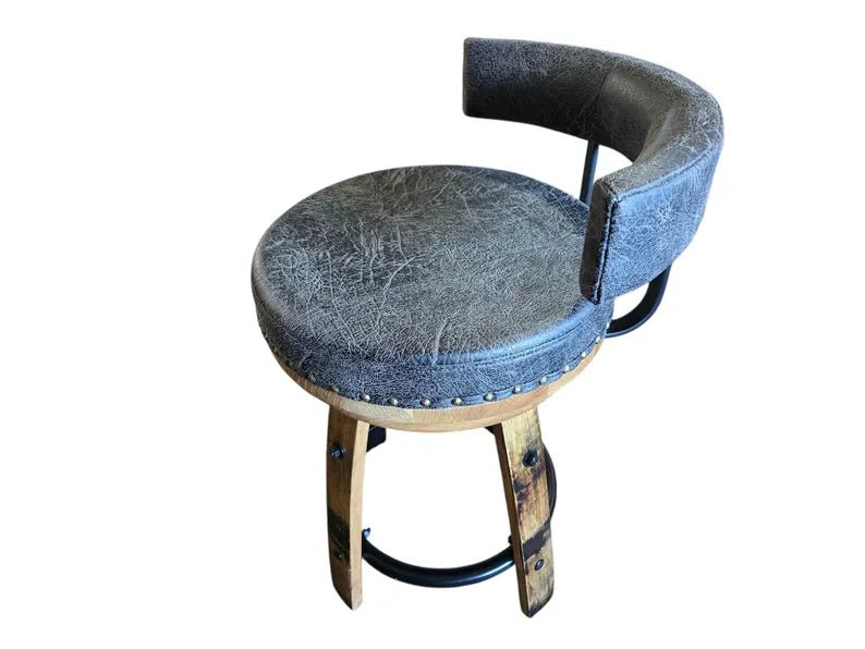 Whiskey Barrel Stave Bar Stool – Swivel Rustic Stool with Leather Cushion & Back - 1st Choice Furniture Direct