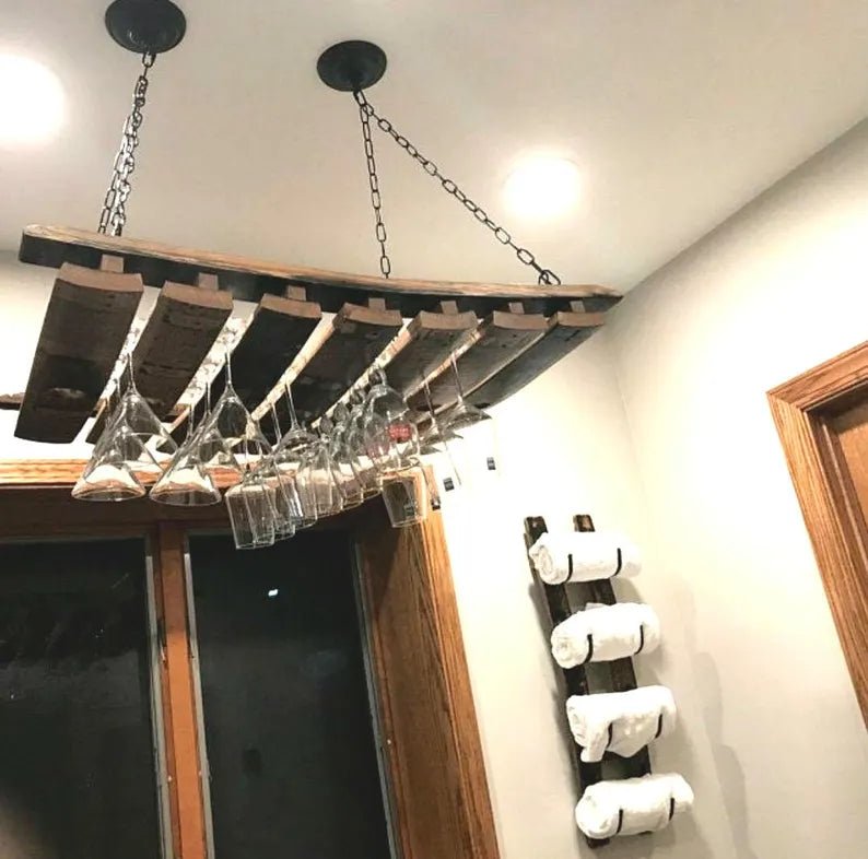 Whiskey Barrel Stave Stemware Holder | Reclaimed Oak Hanging Wine Rack - 1st Choice Furniture Direct