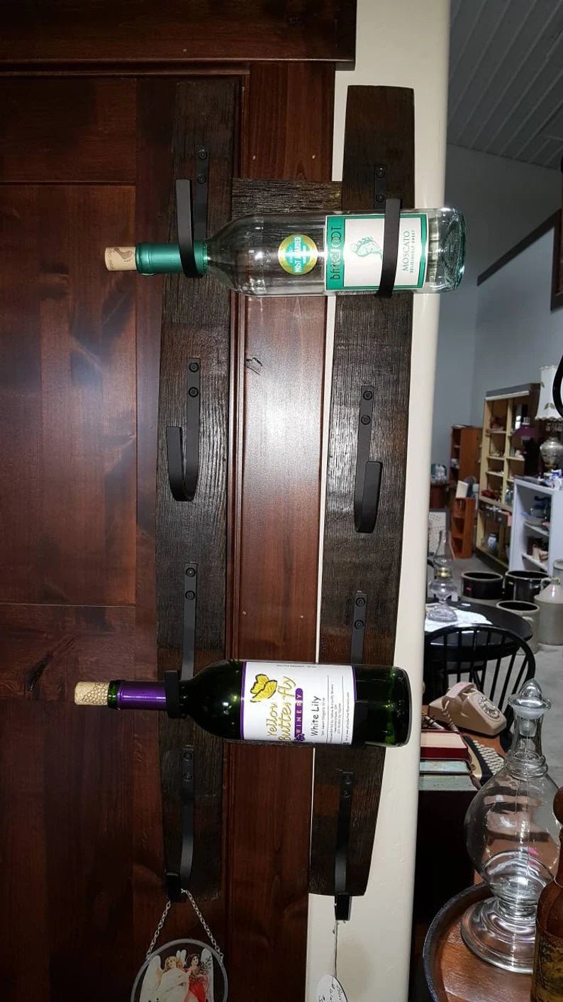 Whiskey Barrel Stave Wine Rack – Rustic Wall Bottle Holder with Metal Cradles - 1st Choice Furniture Direct