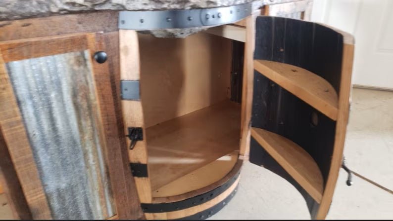 Whiskey Barrel Vanity – Concrete Top and Mountain Backsplash, Reclaimed Wood and Barn Tin - 1st Choice Furniture Direct