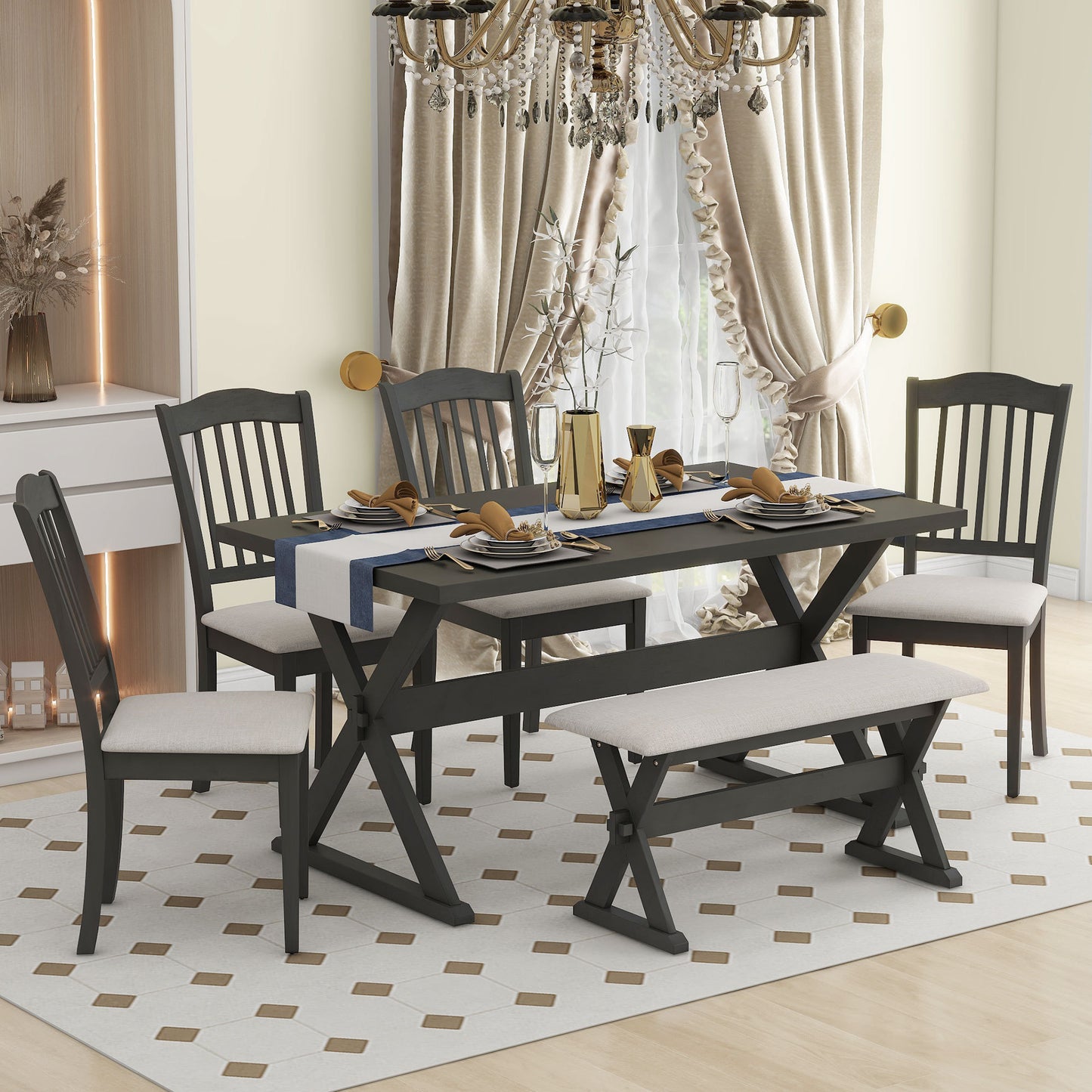 1st Choice Modern 6-Piece Rectangular Rustic Dining Table Set Furniture