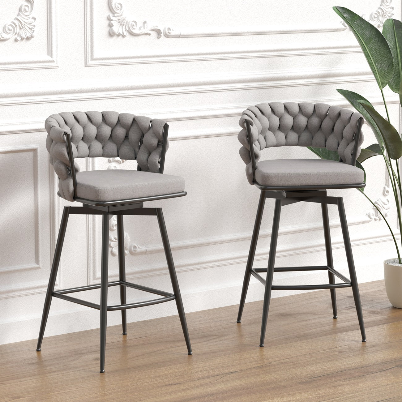 1st Choice Luxurious Grey Linen Swivel Bar Stools with Back Footrest
