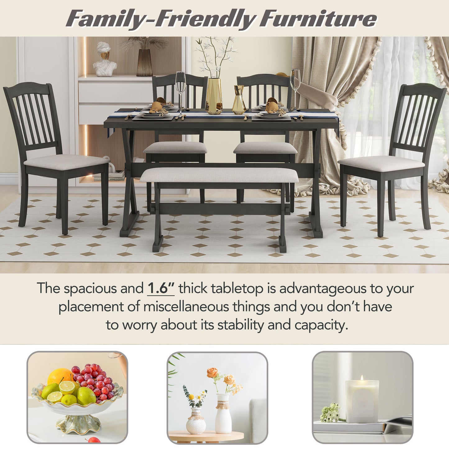 1st Choice Modern 6-Piece Rectangular Rustic Dining Table Set Furniture
