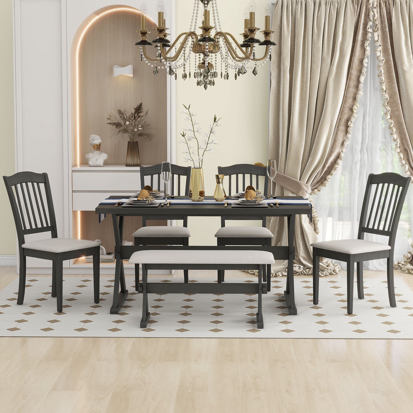 1st Choice Modern 6-Piece Rectangular Rustic Dining Table Set Furniture