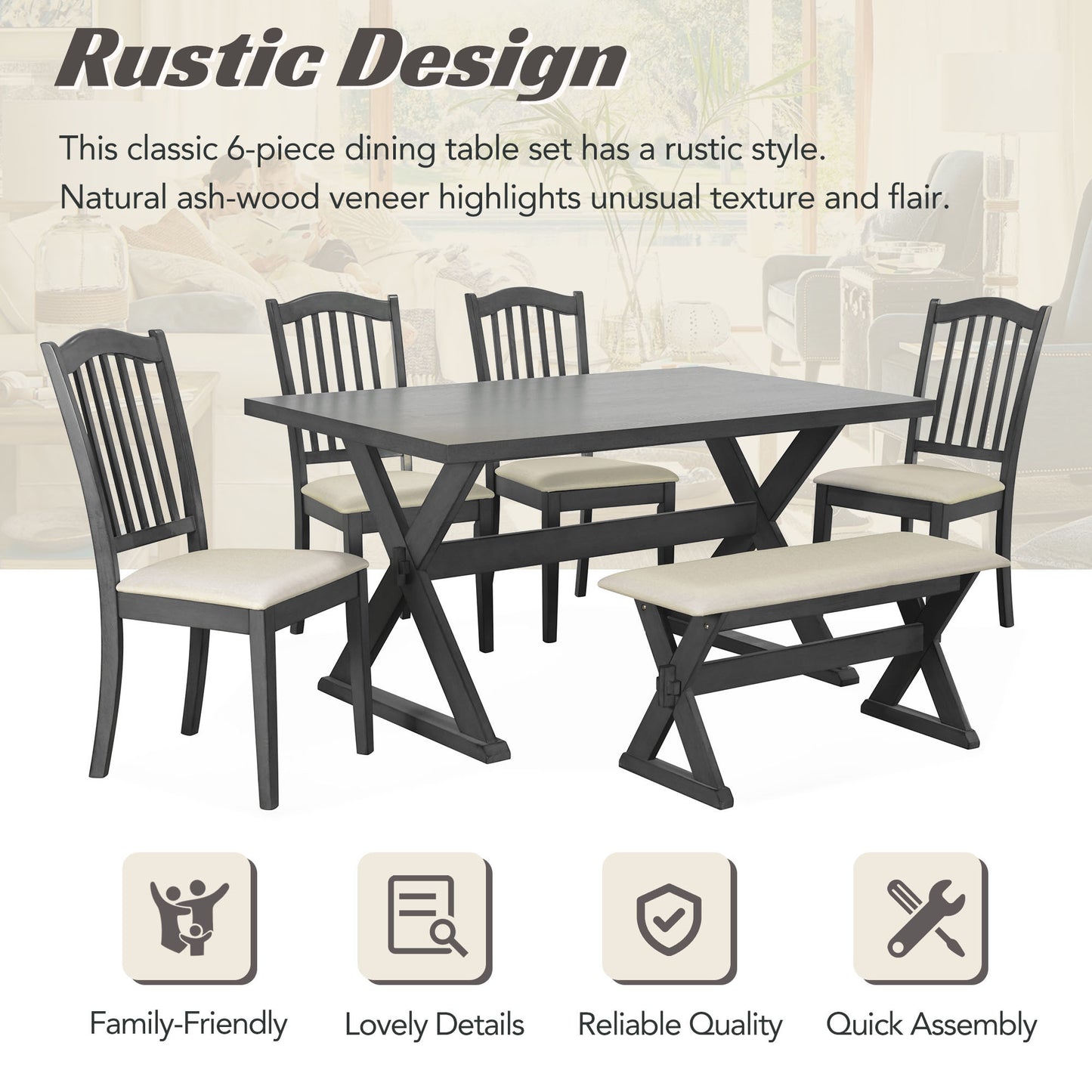 1st Choice Modern 6-Piece Rectangular Rustic Dining Table Set Furniture