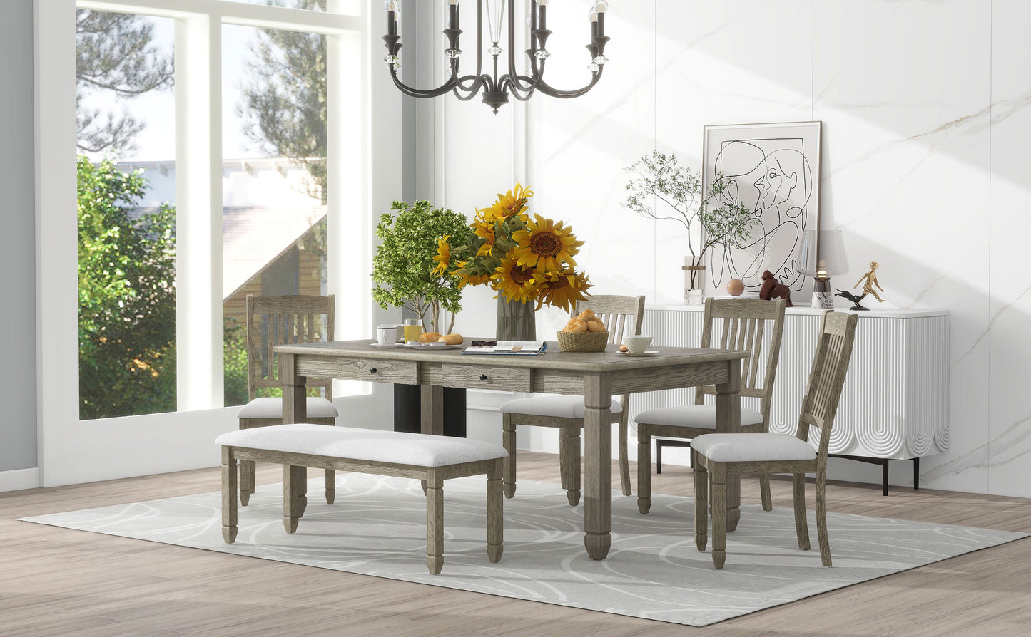 1st Choice 6-Piece Retro 72'L Rectangular Dining Table Set with 4 Drawers