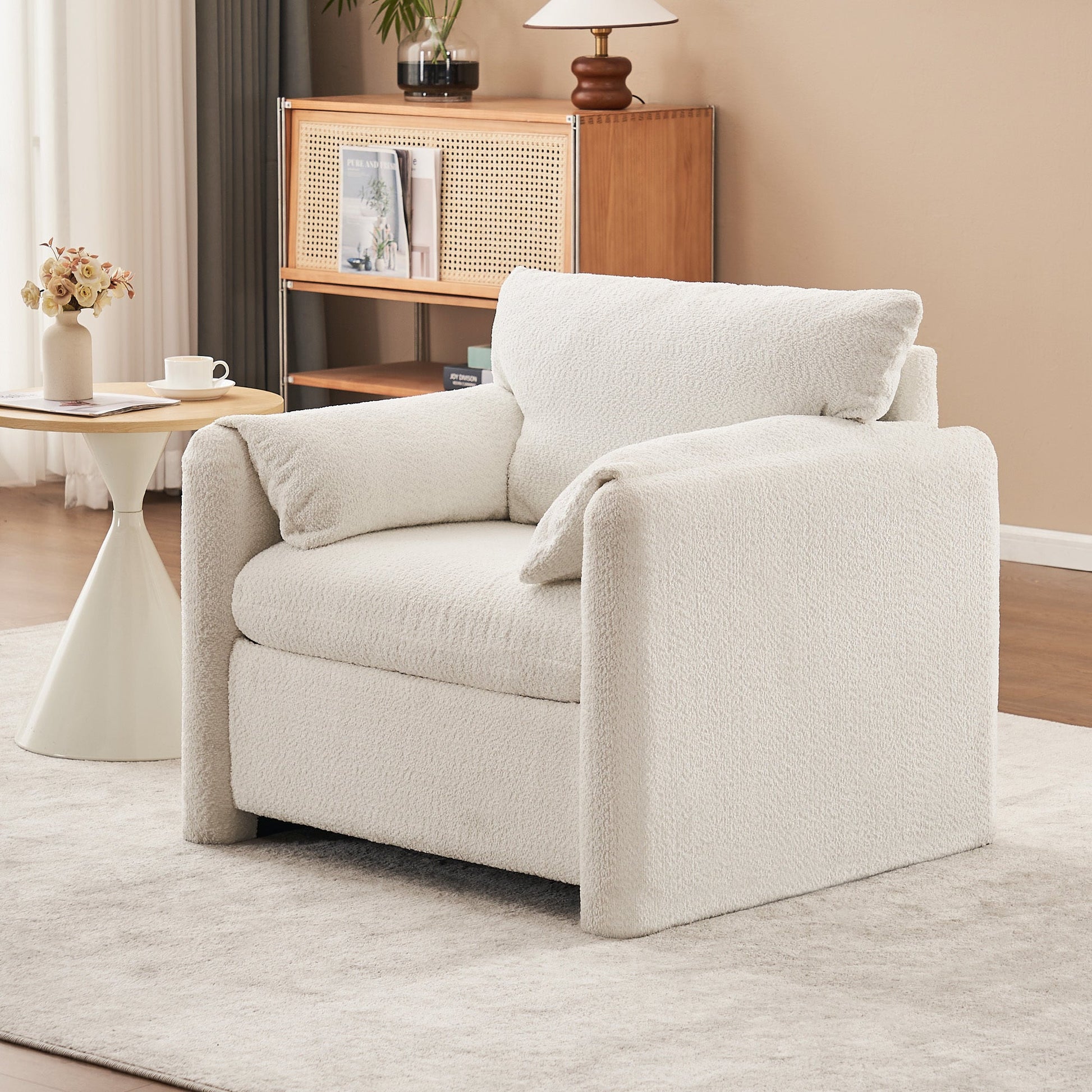 002 Fixed - Modern Accent Chair Single Seater - Plush Chenille Lounge Chair with High - Resilience Cushion, Compact Reading Chair for Living Room, Bedroom, Dorm Room & Apartment - Armchair, Ivory White - 1st Choice Furniture Direct