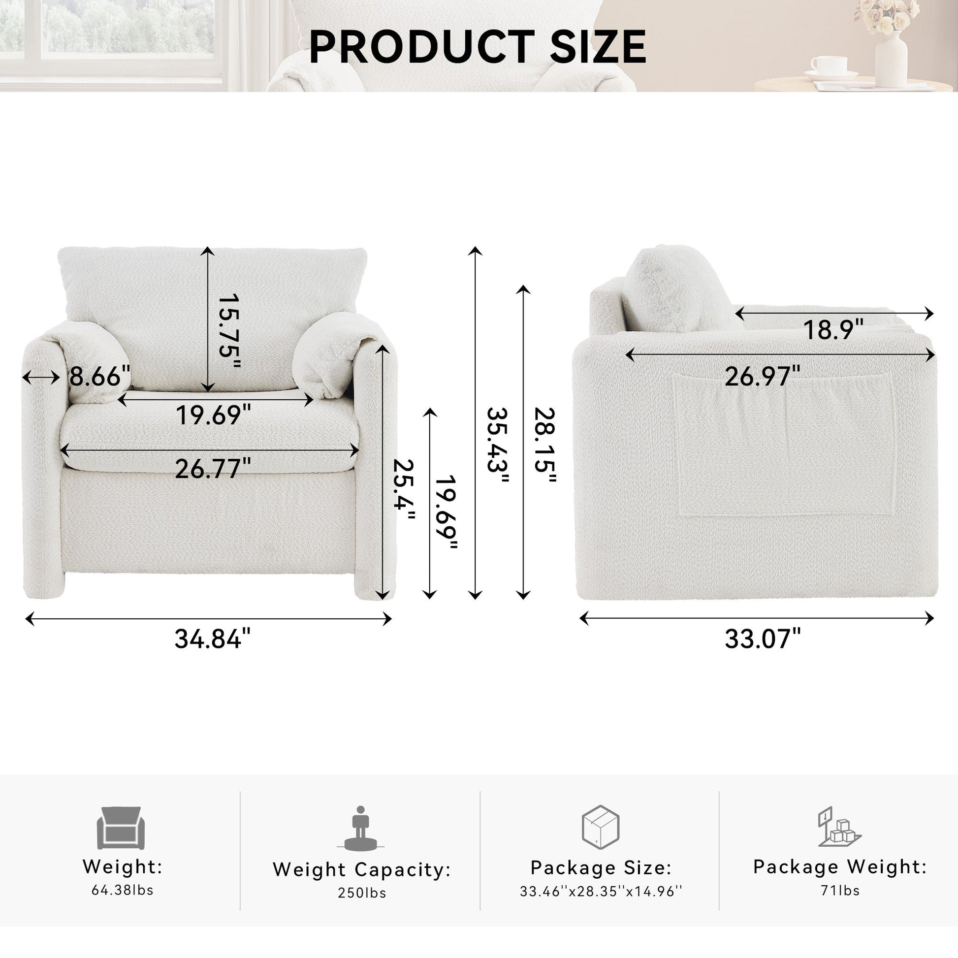 002 Fixed - Modern Accent Chair Single Seater - Plush Chenille Lounge Chair with High - Resilience Cushion, Compact Reading Chair for Living Room, Bedroom, Dorm Room & Apartment - Armchair, Ivory White - 1st Choice Furniture Direct