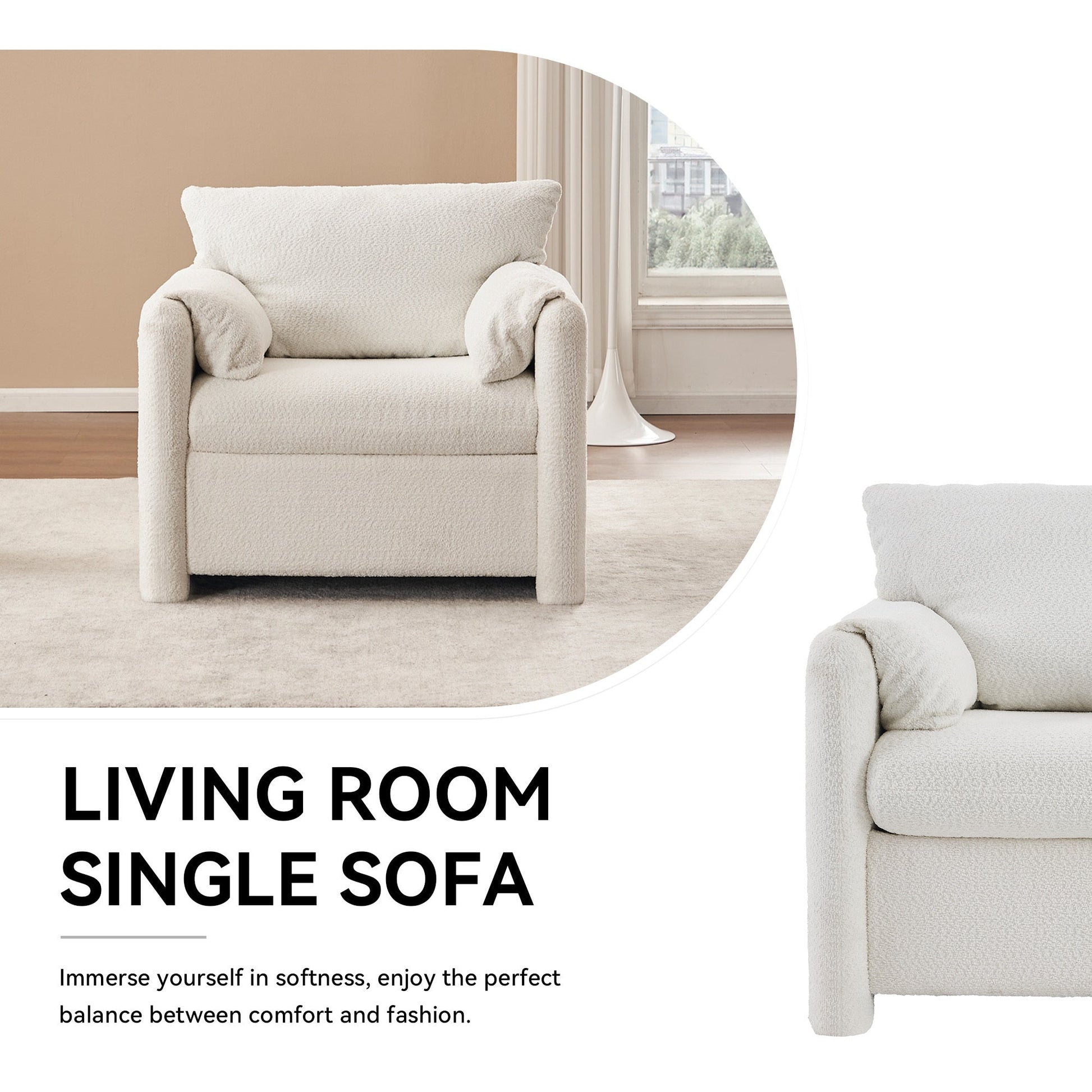 002 Fixed - Modern Accent Chair Single Seater - Plush Chenille Lounge Chair with High - Resilience Cushion, Compact Reading Chair for Living Room, Bedroom, Dorm Room & Apartment - Armchair, Ivory White - 1st Choice Furniture Direct