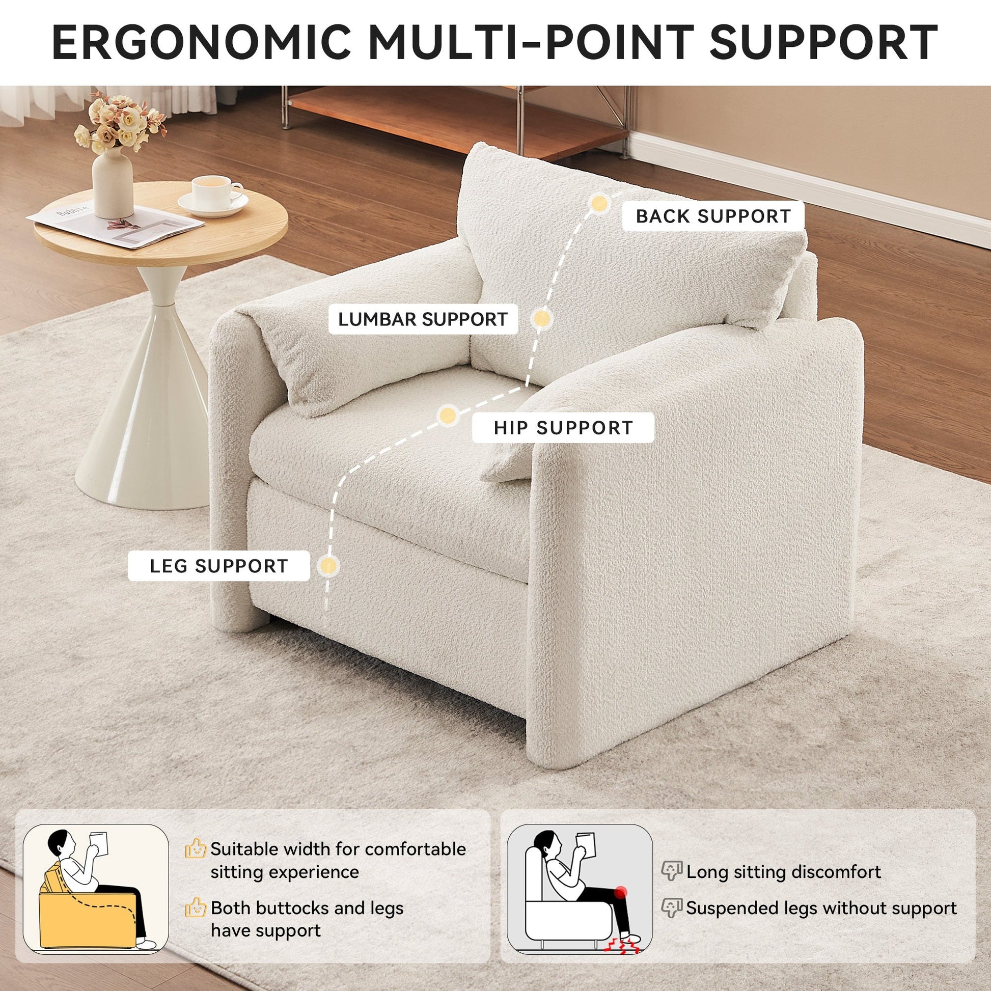 002 Fixed - Modern Accent Chair Single Seater - Plush Chenille Lounge Chair with High - Resilience Cushion, Compact Reading Chair for Living Room, Bedroom, Dorm Room & Apartment - Armchair, Ivory White - 1st Choice Furniture Direct