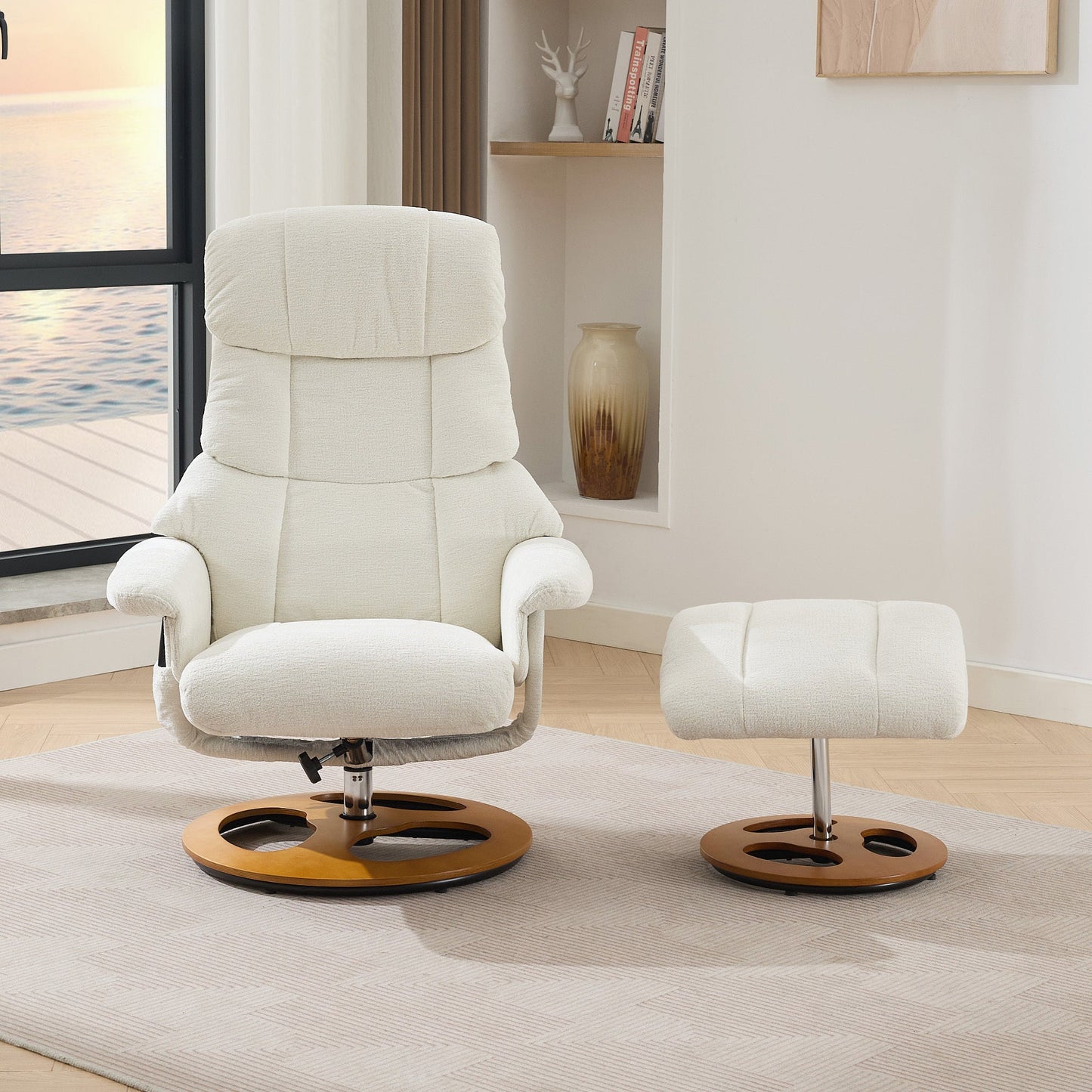 010-Ergonomic Recliner Chair with Ottoman, Modern 360° Swivel Lounge Chair with Footstool, Chenille Fabric, 5 Point Vibration Massage, Seat Heating & 140° Adjustable Backrest for Home or Office, White - 1st Choice Furniture Direct
