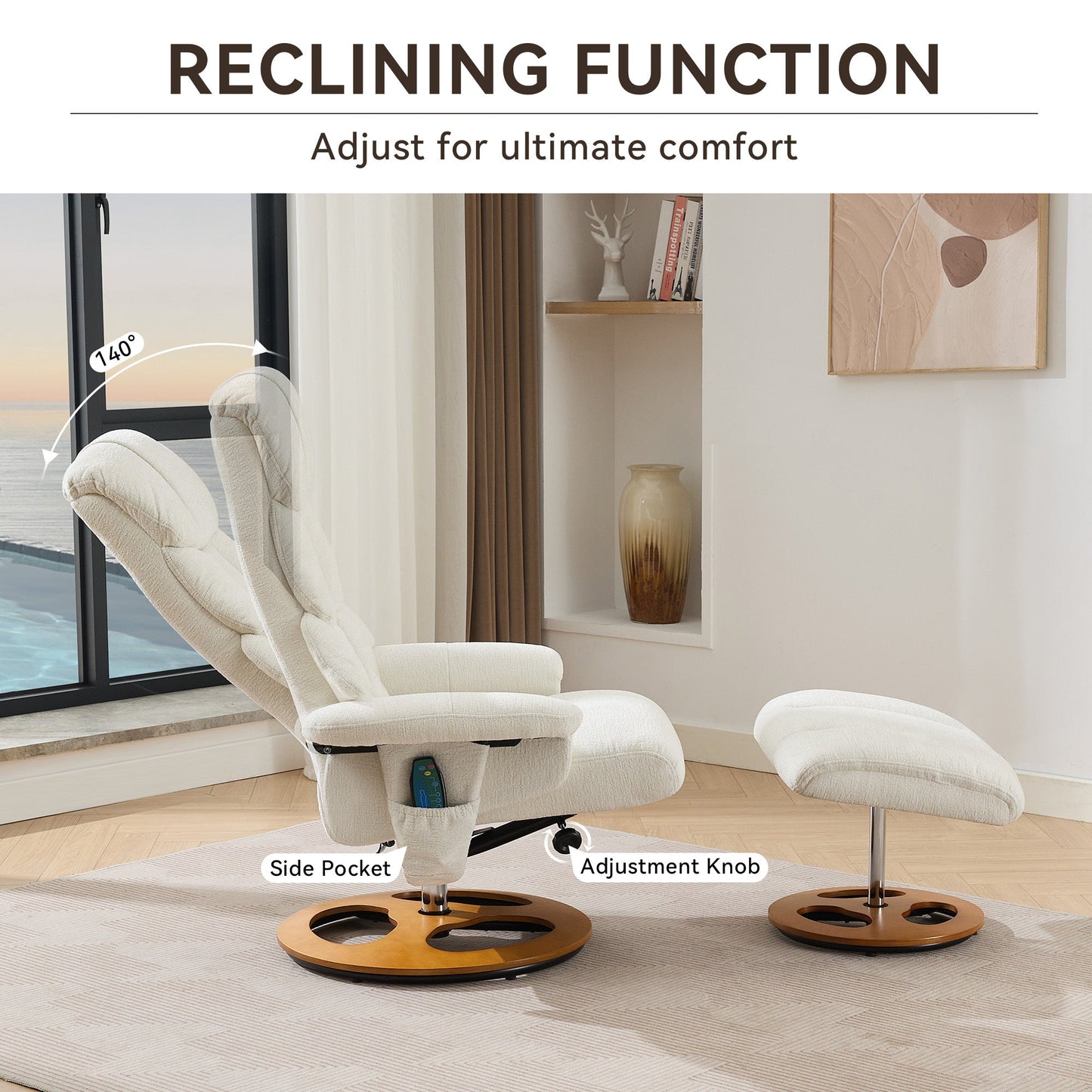 010-Ergonomic Recliner Chair with Ottoman, Modern 360° Swivel Lounge Chair with Footstool, Chenille Fabric, 5 Point Vibration Massage, Seat Heating & 140° Adjustable Backrest for Home or Office, White - 1st Choice Furniture Direct