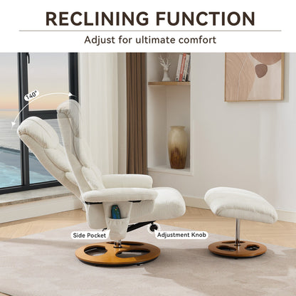 010-Ergonomic Recliner Chair with Ottoman, Modern 360° Swivel Lounge Chair with Footstool, Chenille Fabric, 5 Point Vibration Massage, Seat Heating & 140° Adjustable Backrest for Home or Office, White - 1st Choice Furniture Direct