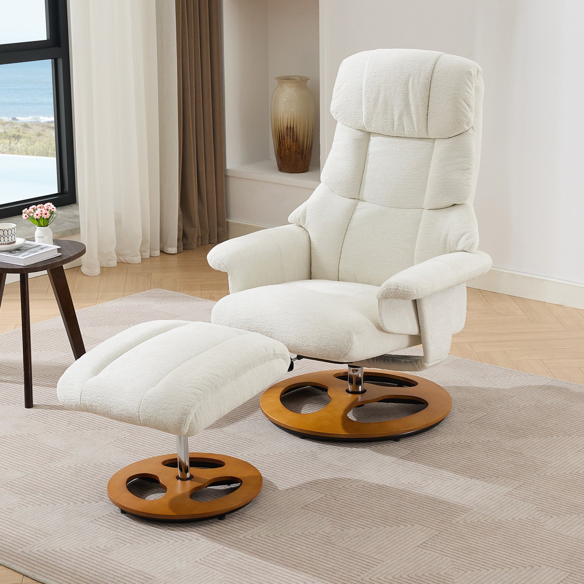 010-Ergonomic Recliner Chair with Ottoman, Modern 360° Swivel Lounge Chair with Footstool, Chenille Fabric, 5 Point Vibration Massage, Seat Heating & 140° Adjustable Backrest for Home or Office, White - 1st Choice Furniture Direct