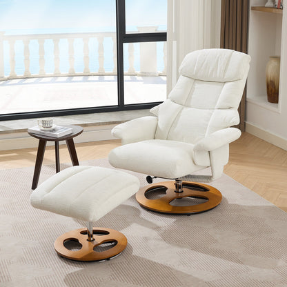 010 - Ergonomic Recliner Chair with Ottoman, Modern 360° Swivel Lounge Chair with Footstool, Chenille Fabric, 5 Point Vibration Massage, Seat Heating & 140° Adjustable Backrest for Home or Office, White - 1st Choice Furniture Direct