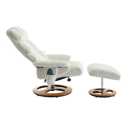 010-Ergonomic Recliner Chair with Ottoman, Modern 360° Swivel Lounge Chair with Footstool, Chenille Fabric, 5 Point Vibration Massage, Seat Heating & 140° Adjustable Backrest for Home or Office, White - 1st Choice Furniture Direct