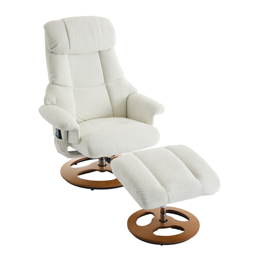 010-Ergonomic Recliner Chair with Ottoman, Modern 360° Swivel Lounge Chair with Footstool, Chenille Fabric, 5 Point Vibration Massage, Seat Heating & 140° Adjustable Backrest for Home or Office, White - 1st Choice Furniture Direct