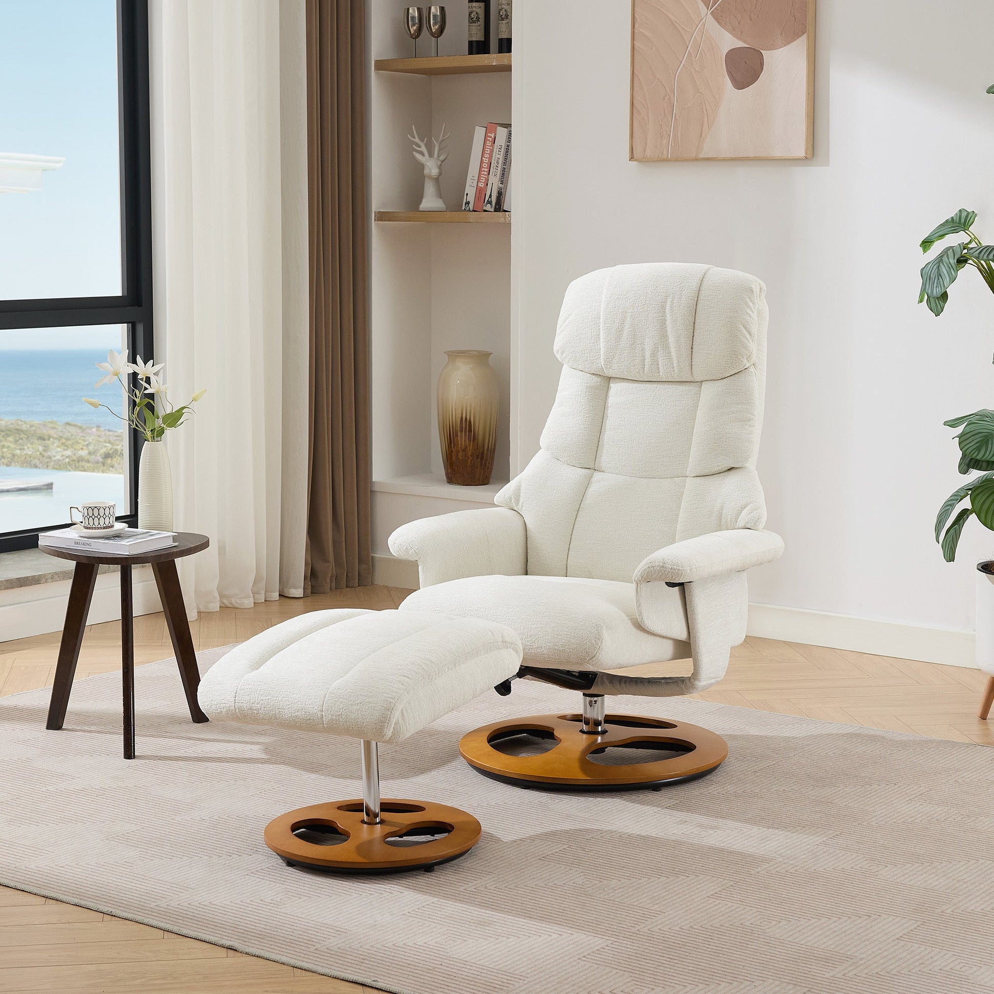 010-Ergonomic Recliner Chair with Ottoman, Modern 360° Swivel Lounge Chair with Footstool, Chenille Fabric, 5 Point Vibration Massage, Seat Heating & 140° Adjustable Backrest for Home or Office, White - 1st Choice Furniture Direct