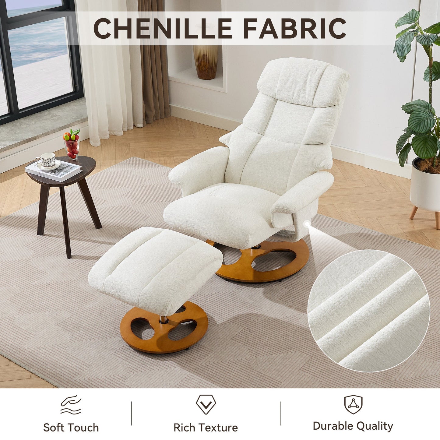010-Ergonomic Recliner Chair with Ottoman, Modern 360° Swivel Lounge Chair with Footstool, Chenille Fabric, 5 Point Vibration Massage, Seat Heating & 140° Adjustable Backrest for Home or Office, White - 1st Choice Furniture Direct