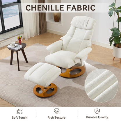010-Ergonomic Recliner Chair with Ottoman, Modern 360° Swivel Lounge Chair with Footstool, Chenille Fabric, 5 Point Vibration Massage, Seat Heating & 140° Adjustable Backrest for Home or Office, White - 1st Choice Furniture Direct