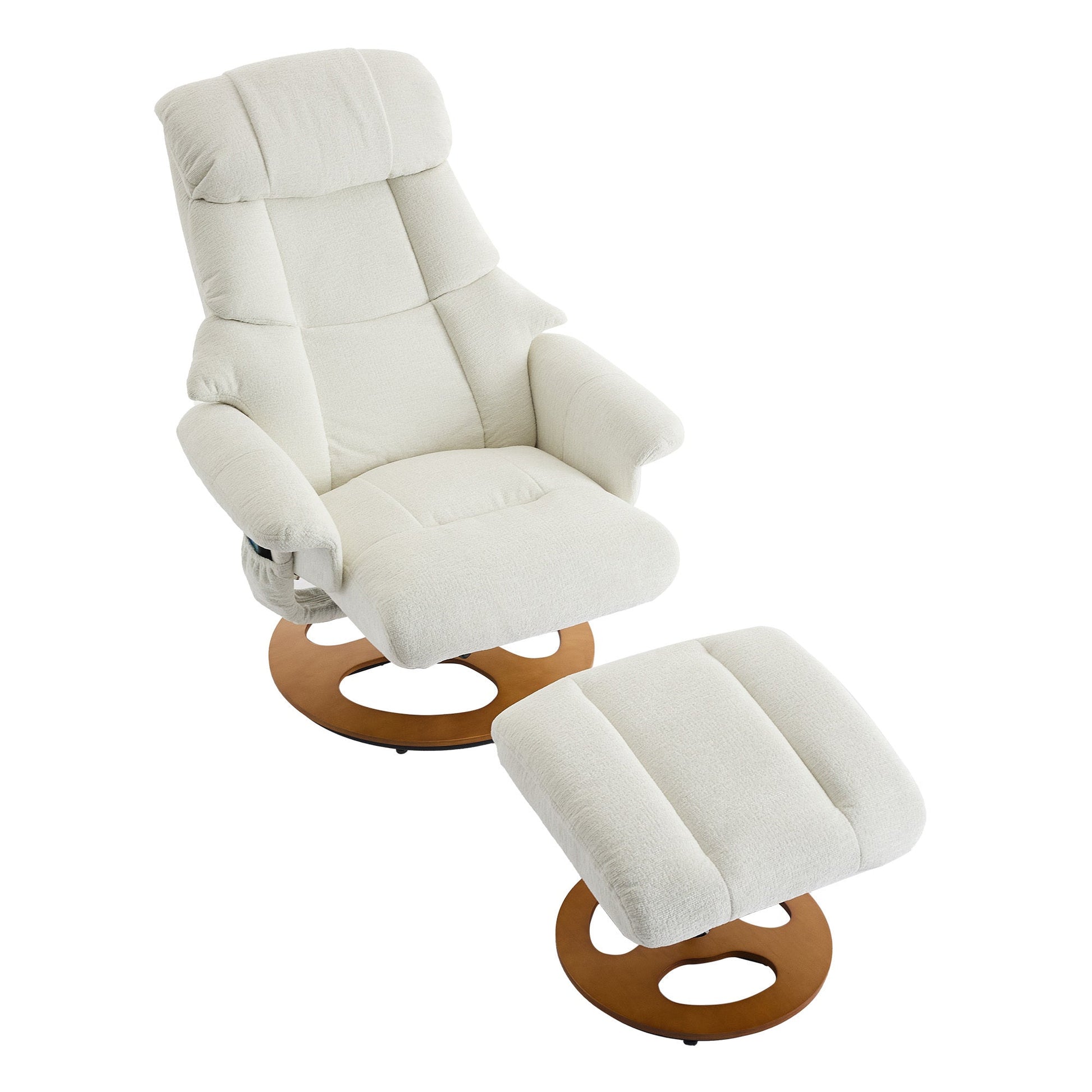 010-Ergonomic Recliner Chair with Ottoman, Modern 360° Swivel Lounge Chair with Footstool, Chenille Fabric, 5 Point Vibration Massage, Seat Heating & 140° Adjustable Backrest for Home or Office, White - 1st Choice Furniture Direct
