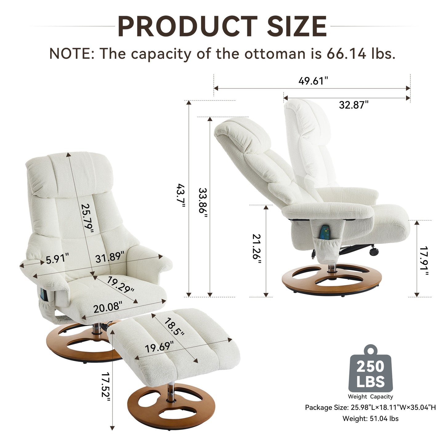 010-Ergonomic Recliner Chair with Ottoman, Modern 360° Swivel Lounge Chair with Footstool, Chenille Fabric, 5 Point Vibration Massage, Seat Heating & 140° Adjustable Backrest for Home or Office, White - 1st Choice Furniture Direct