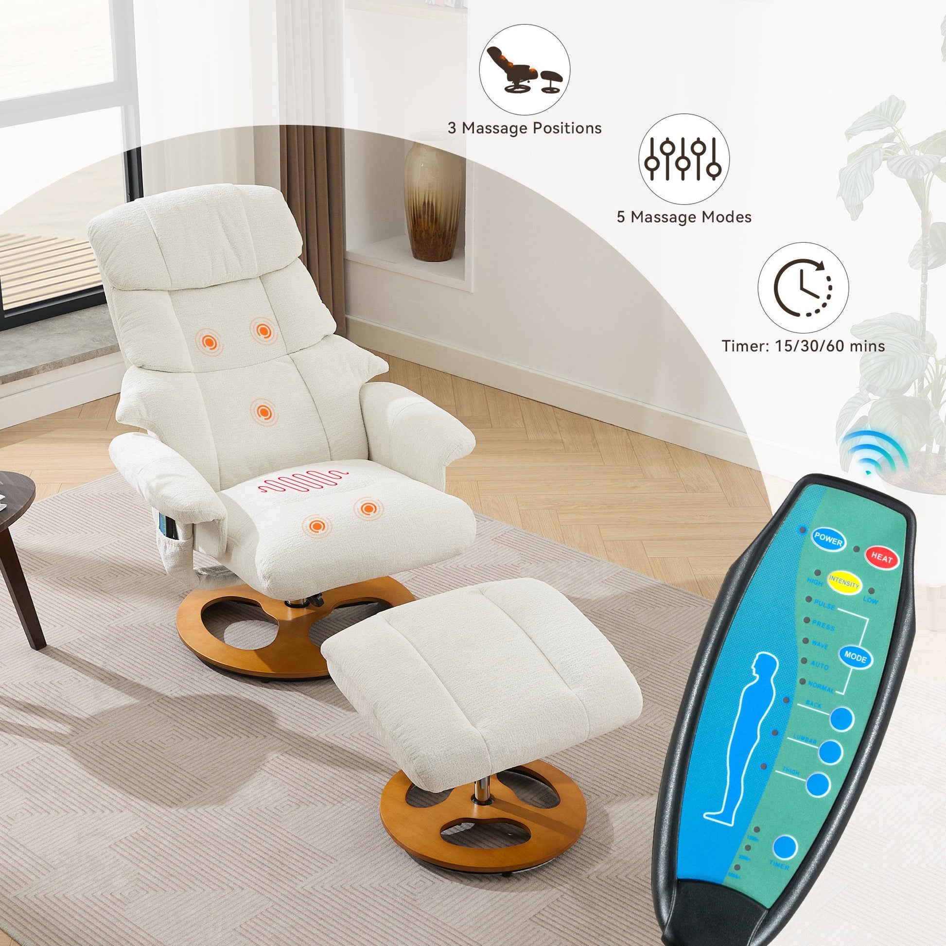 010-Ergonomic Recliner Chair with Ottoman, Modern 360° Swivel Lounge Chair with Footstool, Chenille Fabric, 5 Point Vibration Massage, Seat Heating & 140° Adjustable Backrest for Home or Office, White - 1st Choice Furniture Direct