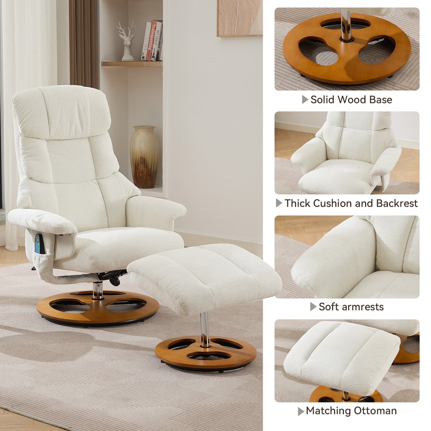 010-Ergonomic Recliner Chair with Ottoman, Modern 360° Swivel Lounge Chair with Footstool, Chenille Fabric, 5 Point Vibration Massage, Seat Heating & 140° Adjustable Backrest for Home or Office, White - 1st Choice Furniture Direct