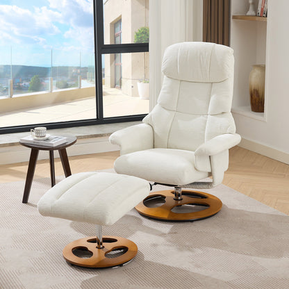 010-Ergonomic Recliner Chair with Ottoman, Modern 360° Swivel Lounge Chair with Footstool, Chenille Fabric, 5 Point Vibration Massage, Seat Heating & 140° Adjustable Backrest for Home or Office, White - 1st Choice Furniture Direct