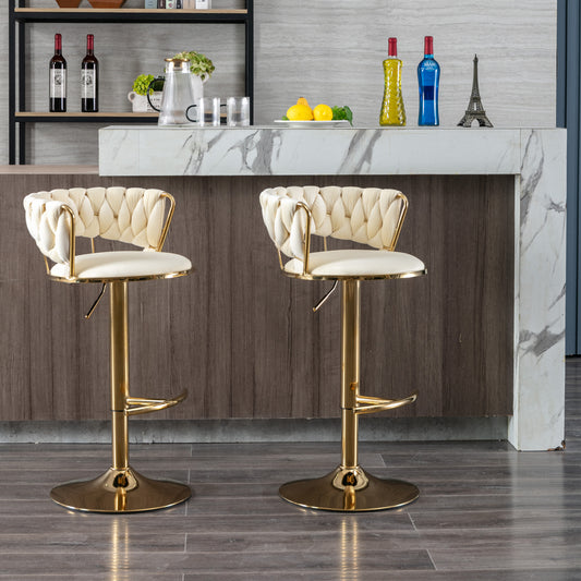 Set of 2  Bar Stools,with Chrome Footrest and Base Swivel Height Adjustable Mechanical Lifting Velvet + Golden Leg Simple Bar Stool-Cream