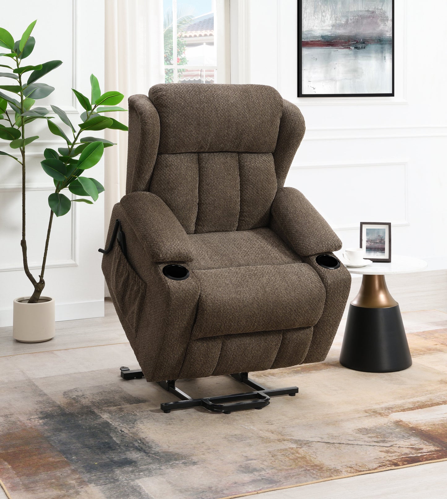 Lusio Brown Linen Power Motion Recliner w/Lift & Cup Holder