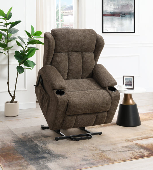 Lusio Brown Linen Power Motion Recliner w/Lift & Cup Holder