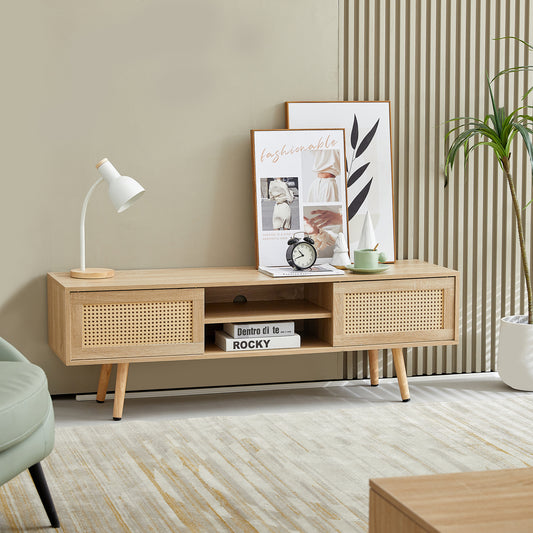 55.12' Rattan TV cabinet, double sliding doors for storage,  adjustable shelf, solid wood legs, TV console for living room ,natural