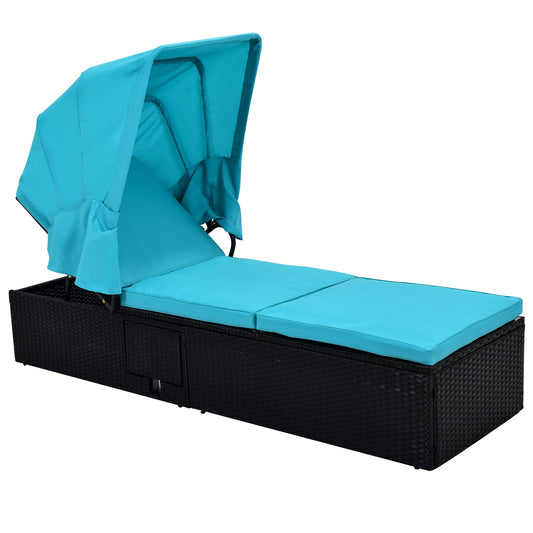 1st Choice Blue Rattan Chaise Lounge with Canopy and Cup Table