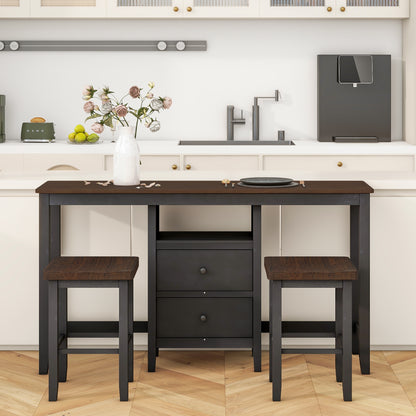 TOPMAX Farmhouse Rustic 3-piece Counter Height Wood Dining Table Set with Cabinet,2 Storage Drawers and 2 Stools for Small Places,Black+Cherry