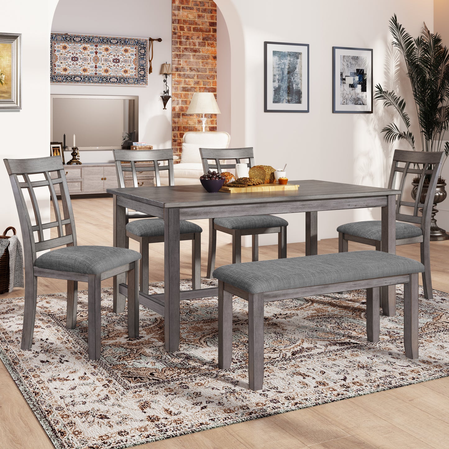 1st Choice 6 Piece Wooden Gray Dining Table Set Farmhouse Rustic Style