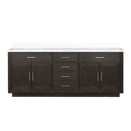 Brown Oak Double Bath Vanity 84 in. W x 22 in. D, with White Quartz Top