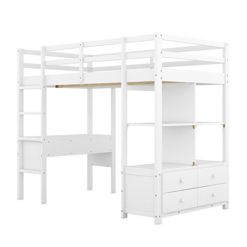 1st Choice Twin Size Loft Bed with Built-in Desk with Two Drawers in White